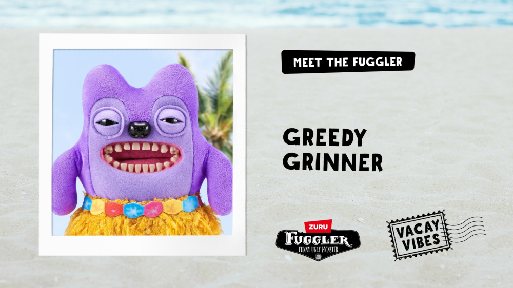 Fuggler - Jucarie de plus, 23 cm - Ciudateii in vacanta, Greedy Grinner, purple copii varsta 3 ani + [6]