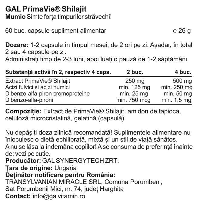 GAL PrimaVie Shilajit, Mumio, pentru intinerire, afrodiziac, imbunatatirea hemogramei [4]