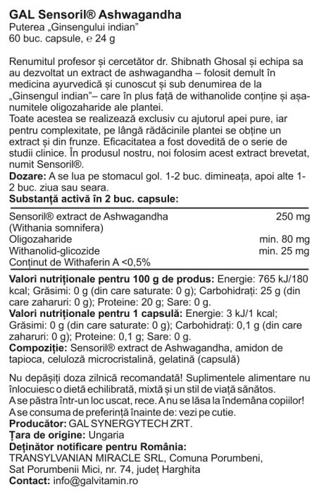 GAL Sensoril Ashwagandha, ginseng indian, reducerea stresului și oboselii din timpul zilei, reglarea tensiunii arteriale, somn odihnitor, 60 cps [4]