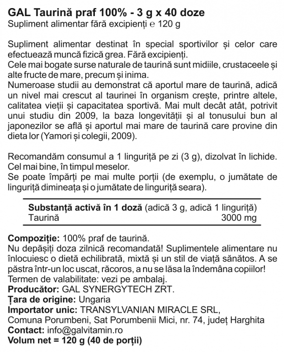 GAL Taurina pentru logevitate si tonus bun, 3g x 40 doze [4]