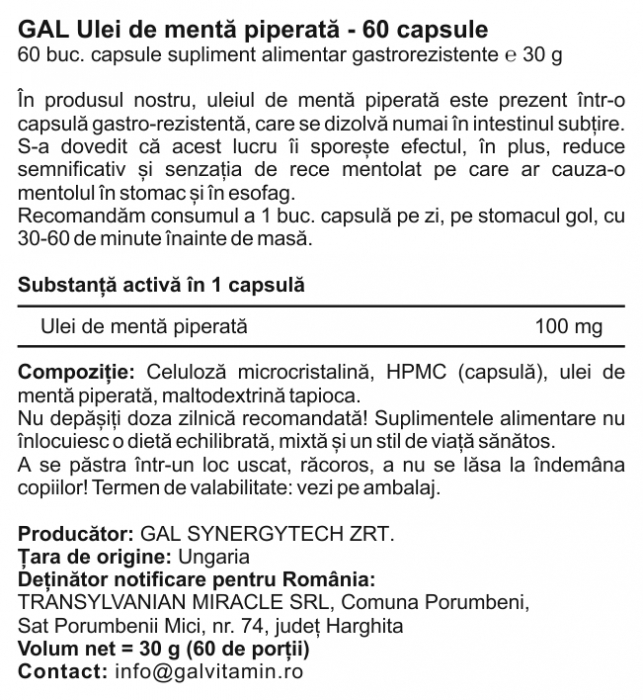 GAL Ulei de menta piperata, digestie si tranzit intestinal, 60 capsule [4]