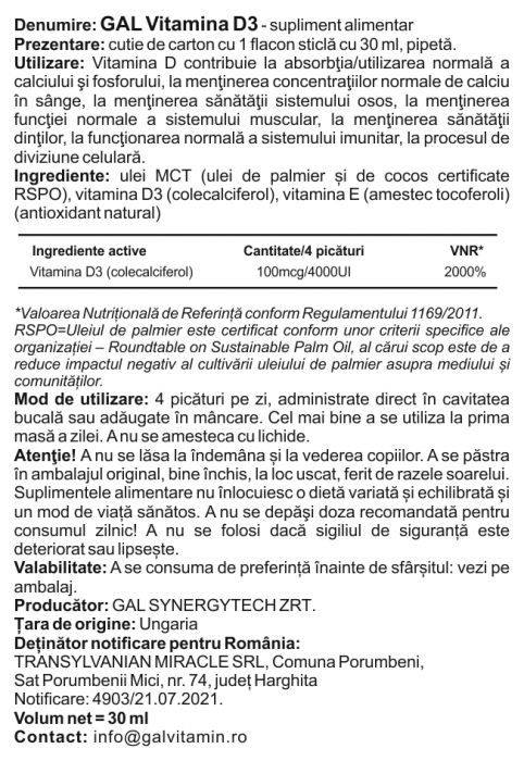 GAL Vitamina D3, 4000 IU x 240 doze, cresterea imunitatii, sanatatea oaselor si a pielii, prevenirea racelilor [4]