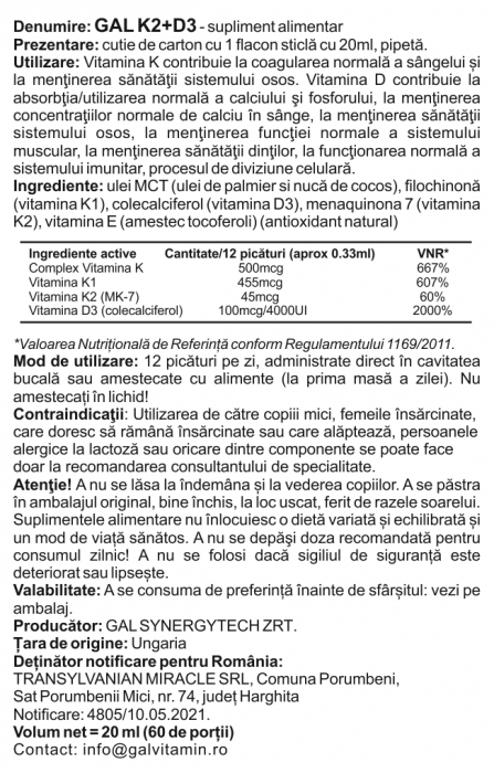 GAL Complex Vitamina K + D3, 500 mcg K-complex + 4000 IU D3, K1 și K2, cu MK7 bioactiv, 60 doze [4]