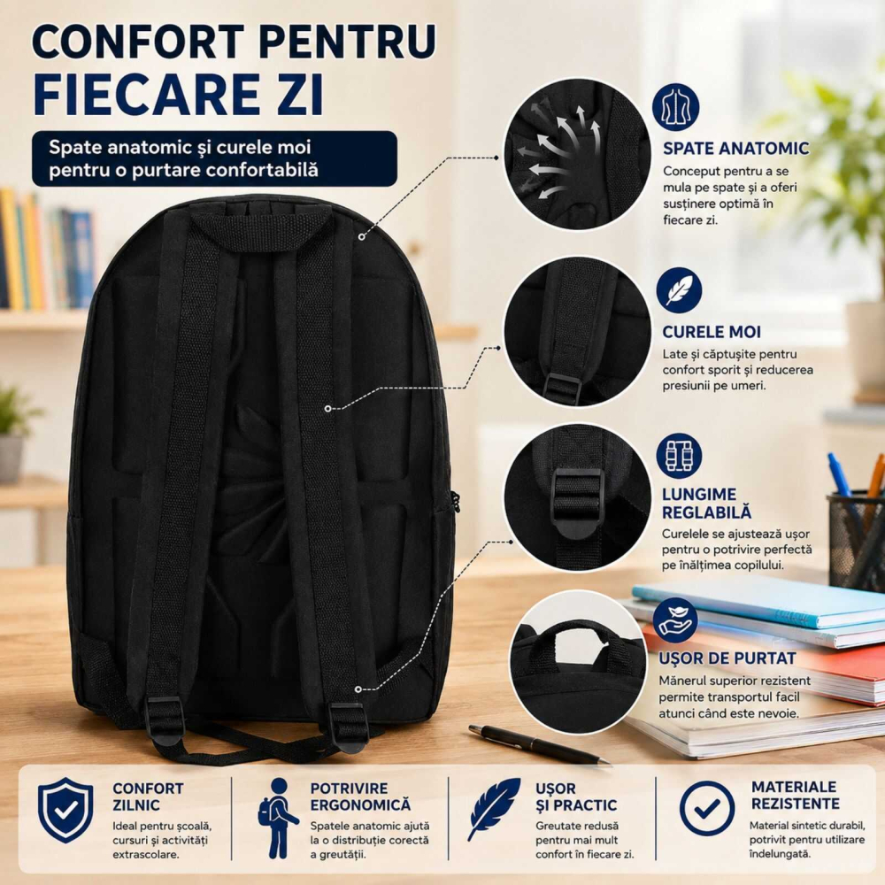 Ghiozdan Negru pentru Scoala, Usor cu 1 Compartiment [5]