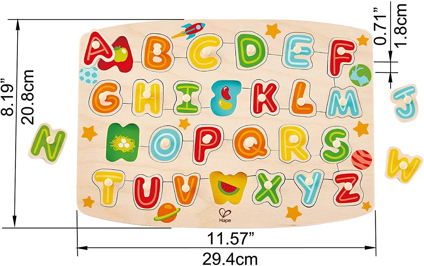 Litere Alfabet, Joc Puzzle Incastru din lemn cu butoni, varsta de la 3 ani la 10 ani [4]