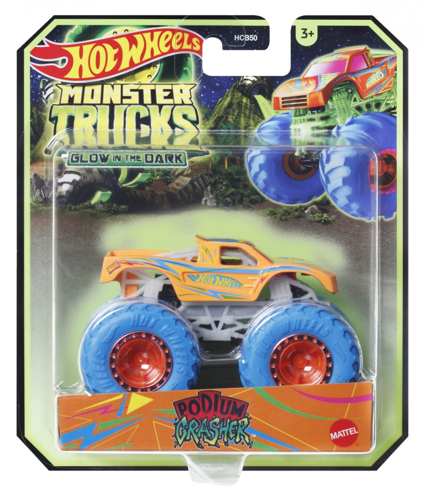 Hot wheels monster truck glow in the dark masinuta podium crasher scara 1:64, varsta de la 3 ani la 7 ani [1]