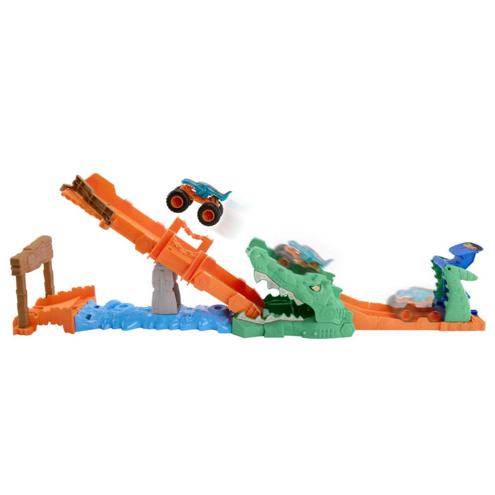 Hot wheels monster truck set de joaca provocarea crocodilului cu masinuta mega wrex [8]