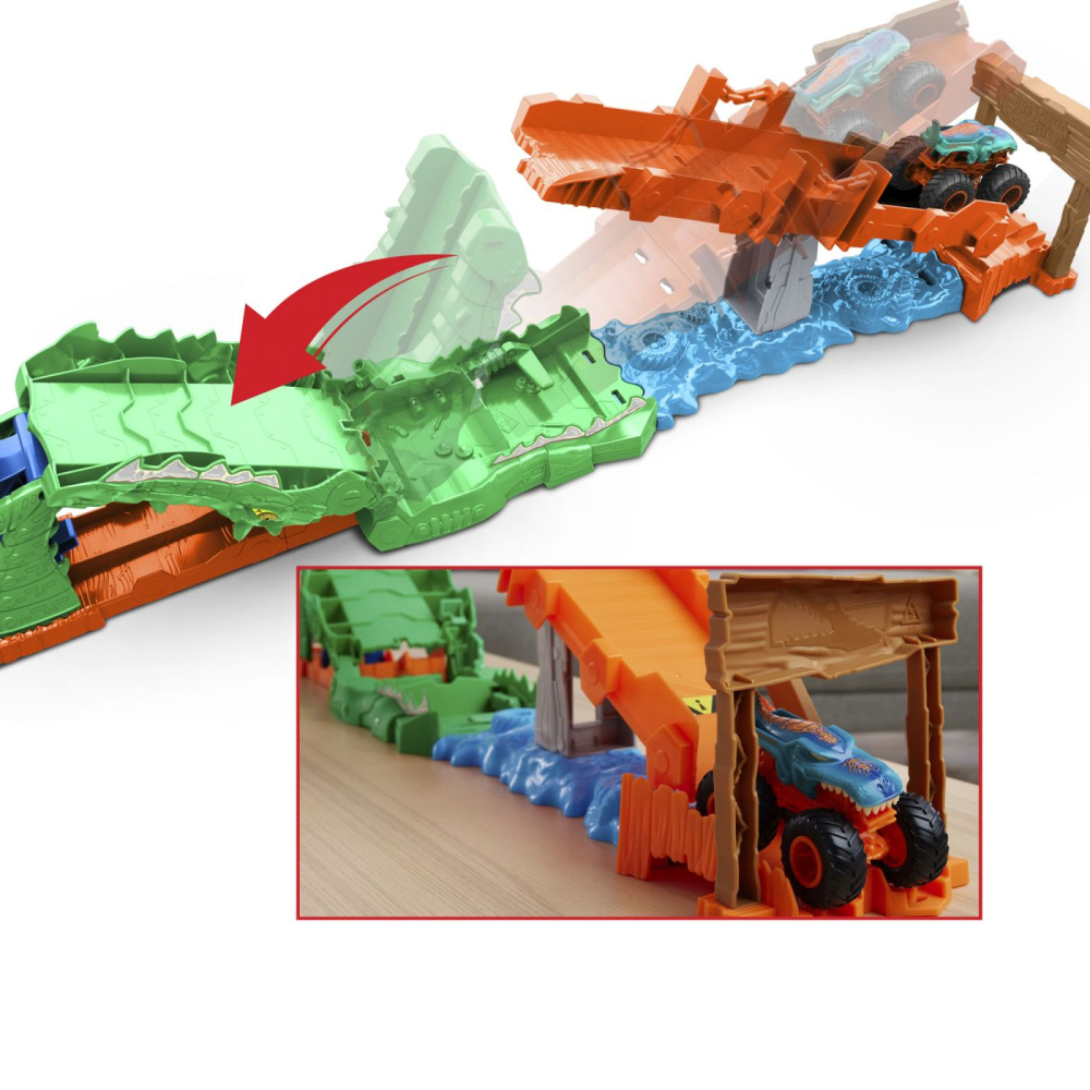 Hot wheels monster truck set de joaca provocarea crocodilului cu masinuta mega wrex [7]