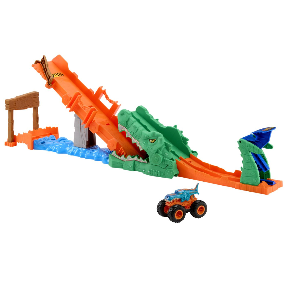 Hot wheels monster truck set de joaca provocarea crocodilului cu masinuta mega wrex [2]