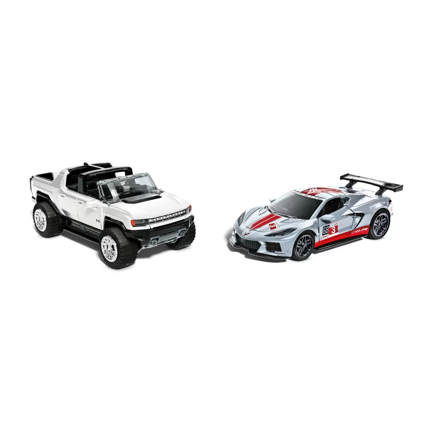 Hot wheels set 2 masinute metalice pull back gmc hummer ev si corvette c8r 1:43, varsta de la 3 ani la 7 ani [2]