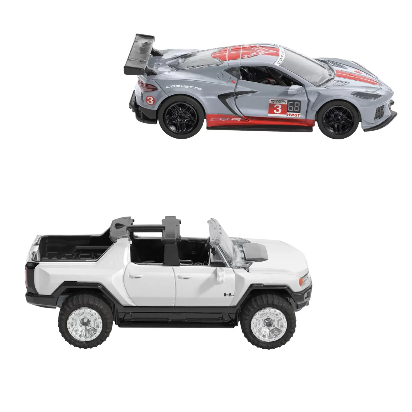 Hot wheels set 2 masinute metalice pull back gmc hummer ev si corvette c8r 1:43, varsta de la 3 ani la 7 ani [3]