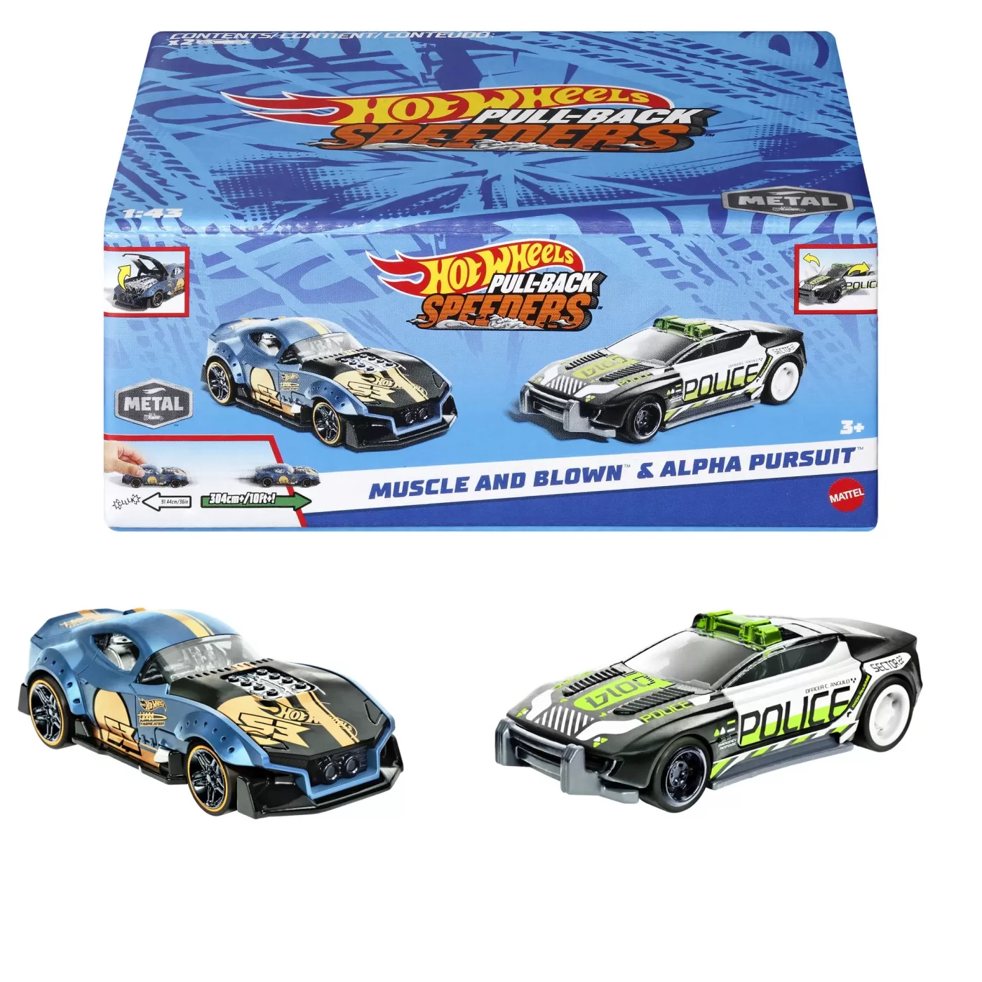 Hot wheels set 2 masinute metalice pull back muscle and blown si alpha pursuit 1:43, varsta de la 3 ani la 7 ani [5]