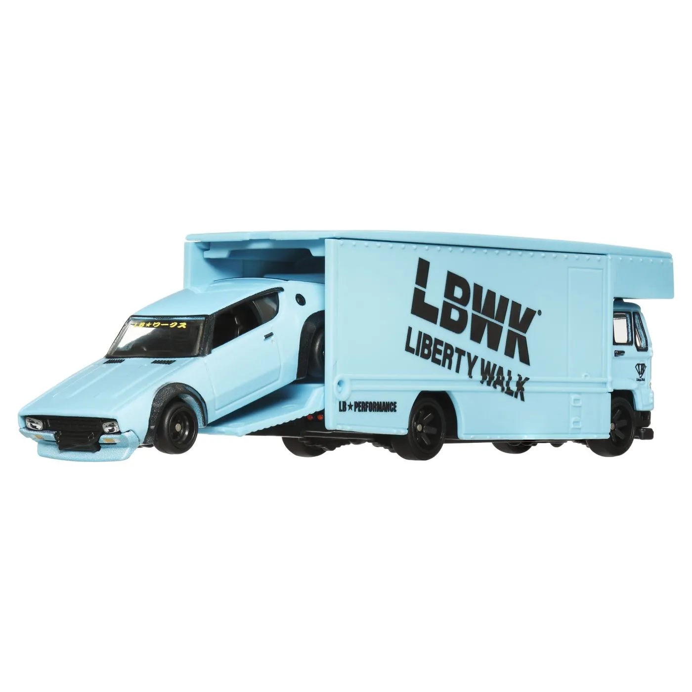 Hot wheels transportator fleet flyer cu masinuta nissan skyline 2000 gt-r lbwk scara 1:64,  3 -8 ani [3]