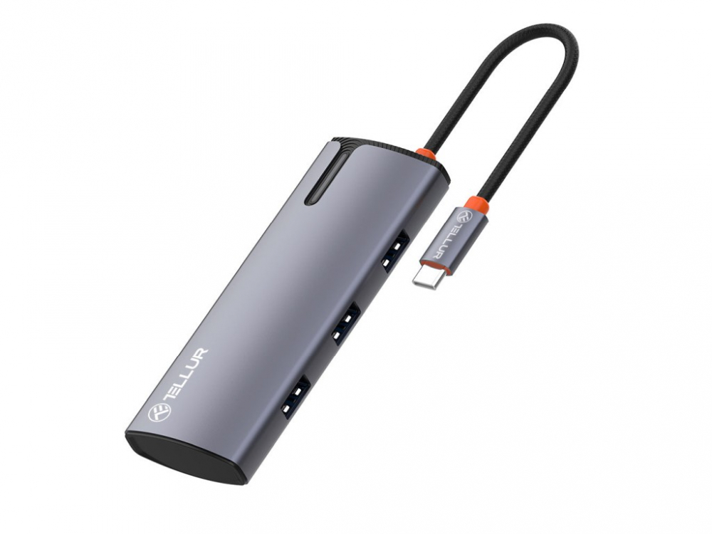 Hub USB-C Tellur, 1xPD 3.0 100W, 1xHDMI 4K, 3xUSB 3.0, aluminiu gri [1]