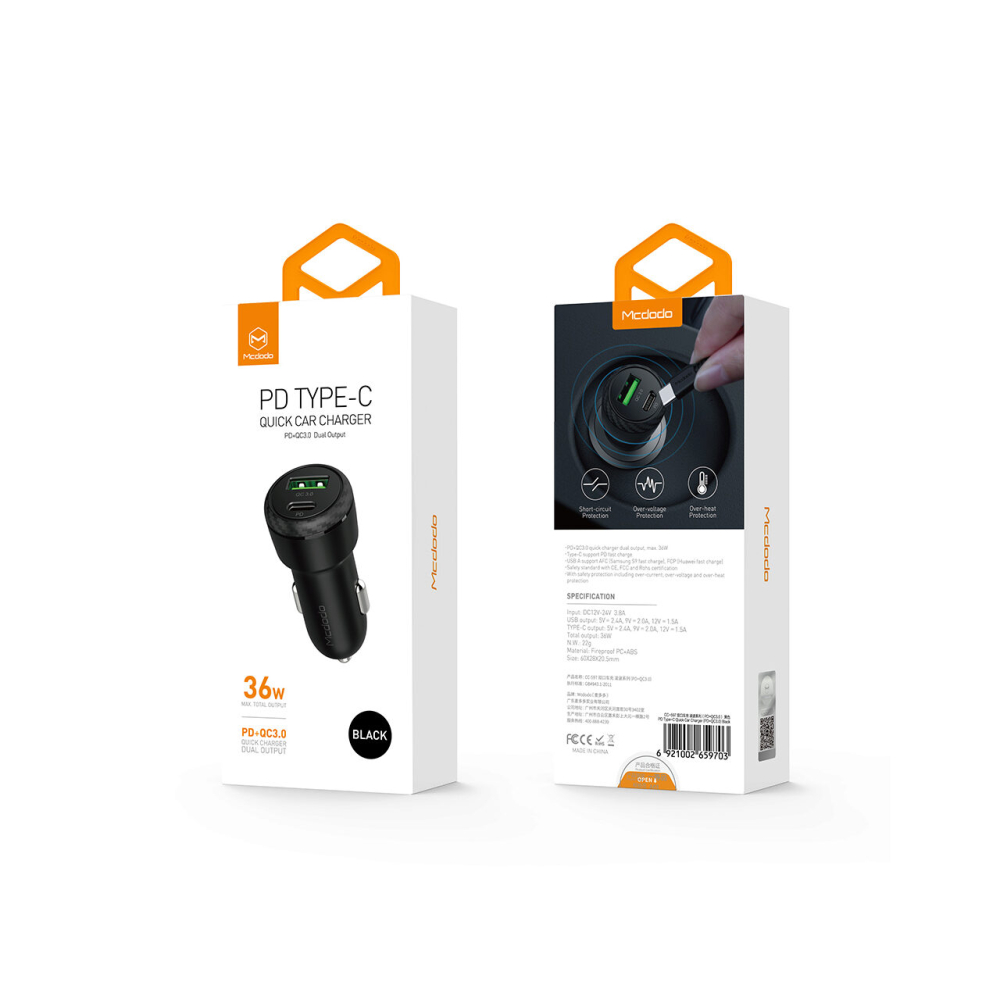 Incarcator Auto 2.4A USB si Type-C Mcdodo Dual Port 36W Black [1]