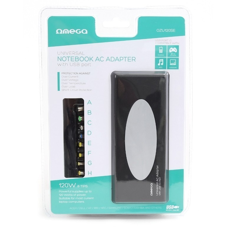 Incarcator laptop Omega, cu 8 conectori si USB, max 120W, input 100-240V 50-60Hz, output 5V 1A, 15-24V 2-4.1A, OZU120SE, 41965 [2]