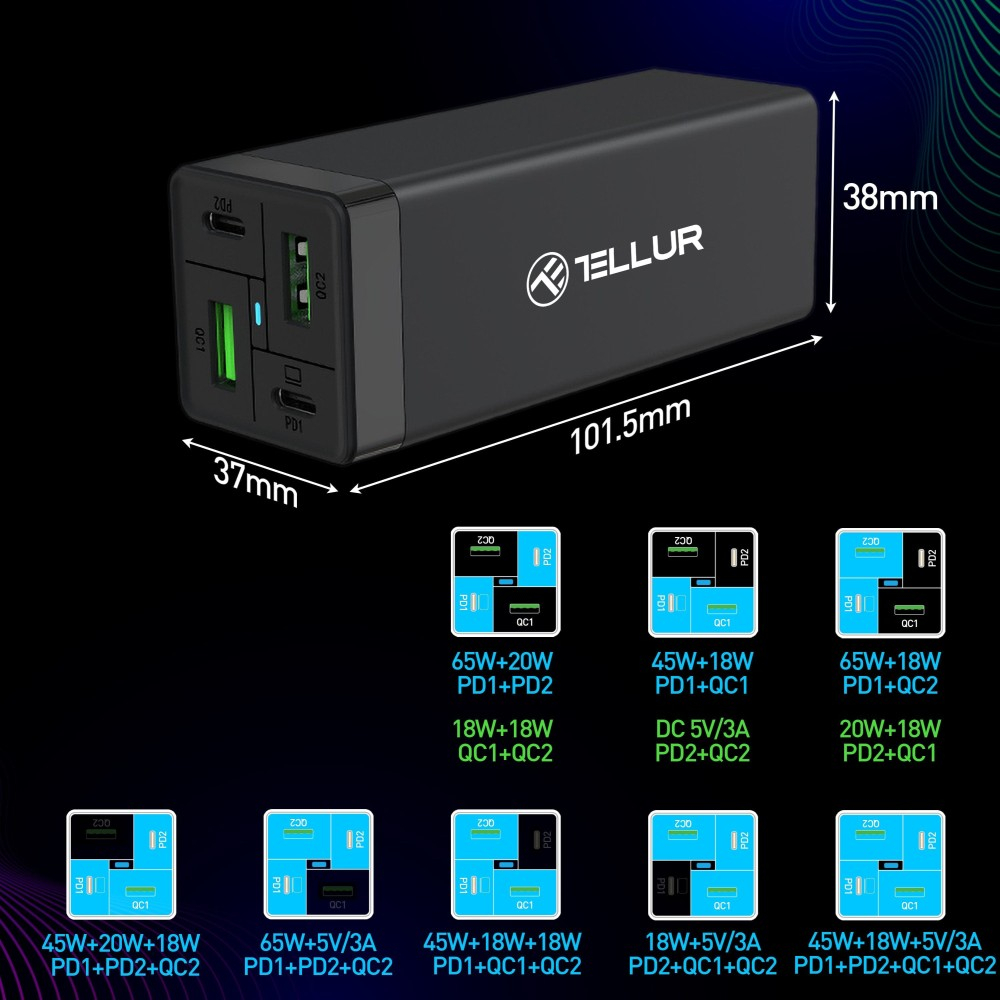 Încărcător priză Tellur PDHC2 65W (2xPD 2xQC3.0), EU,UK,US, negru [6]
