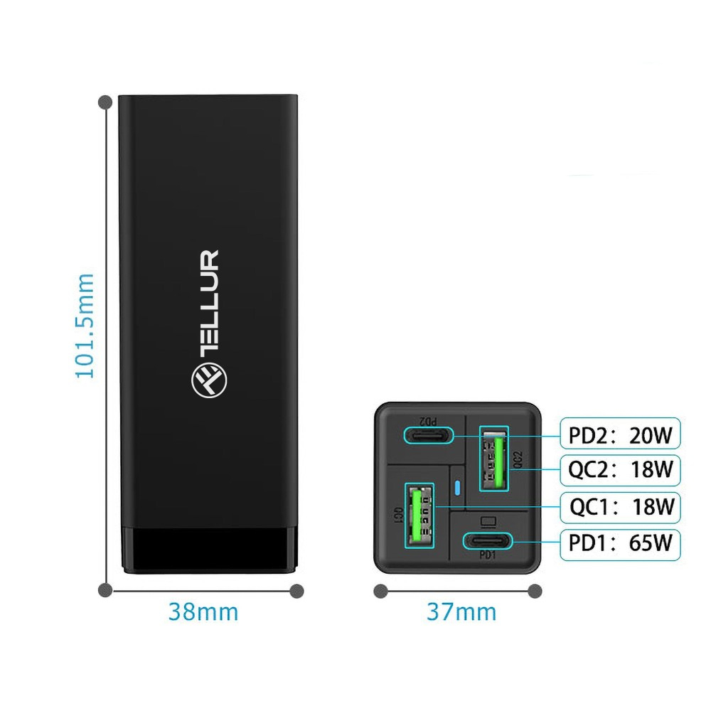 Încărcător priză Tellur PDHC2 65W (2xPD 2xQC3.0), EU,UK,US, negru [4]