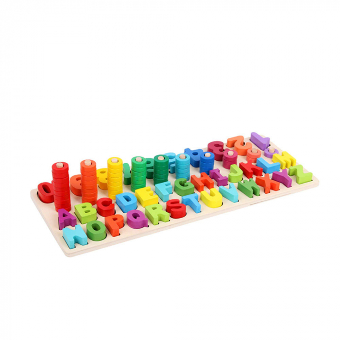 Joc lemn 3 in 1 multifunctional, litere, cifre, stivuire inele, alfabet. [7]