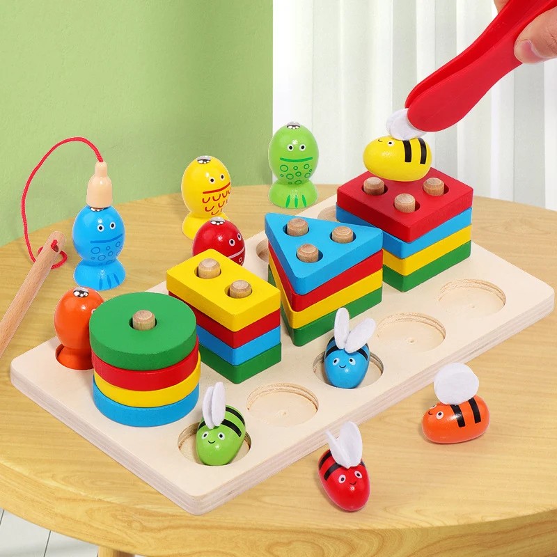 Joc educativ 3 in 1 – Sortare, Pescuit magnetic si Albinute, Lemn [1]