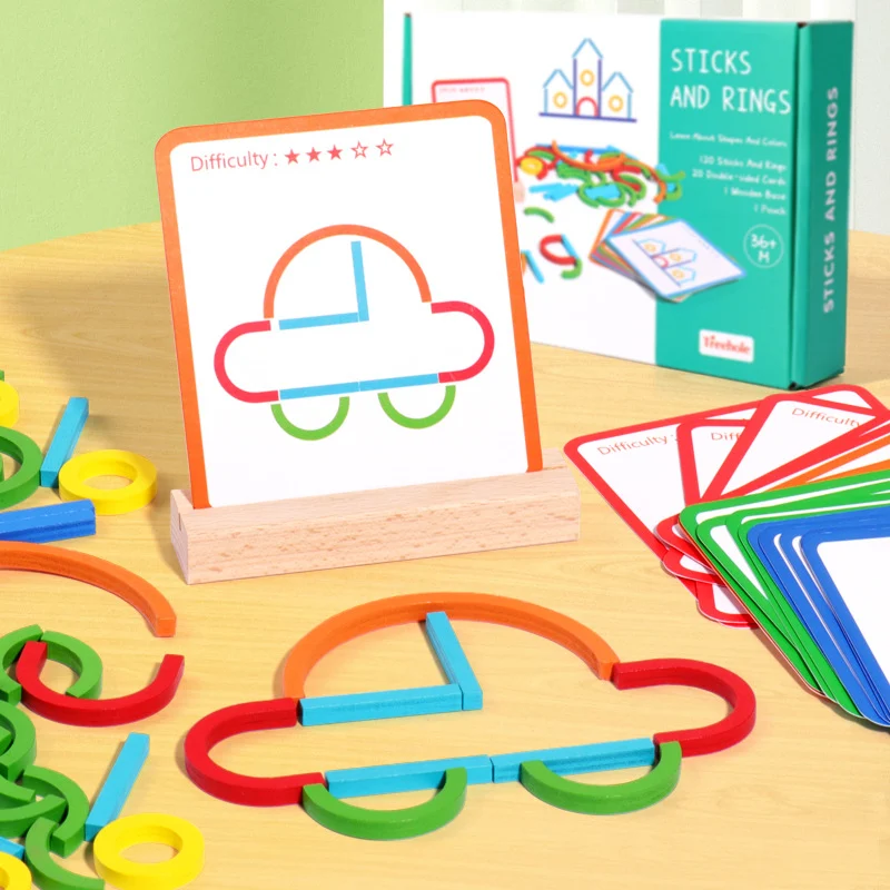 Joc educativ Sticks and Rings – Piese din lemn si cartonase ilustrate [4]