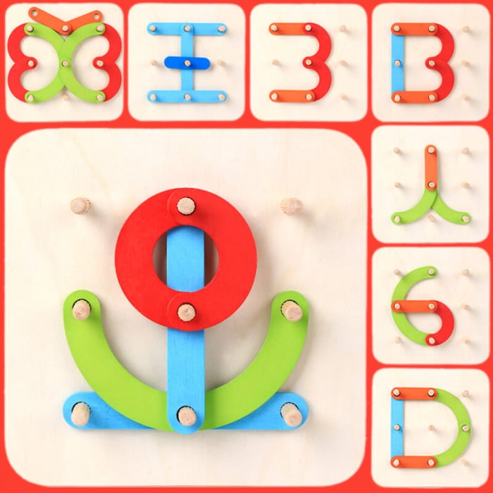 Joc Montessori cu placa geoboard din lemn Alfanumerica si Forme. [3]
