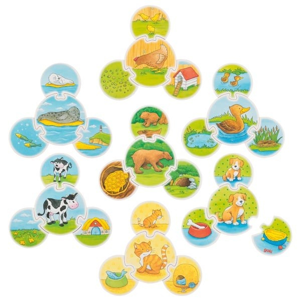 Joc puzzle de asociere Animalele - hrana, mediul de viata si puii [1]