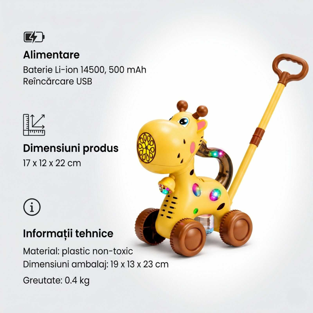 Jucarie baloane sapun, Girafa 2 in 1, de impins, USB, 3 ani+ [6]
