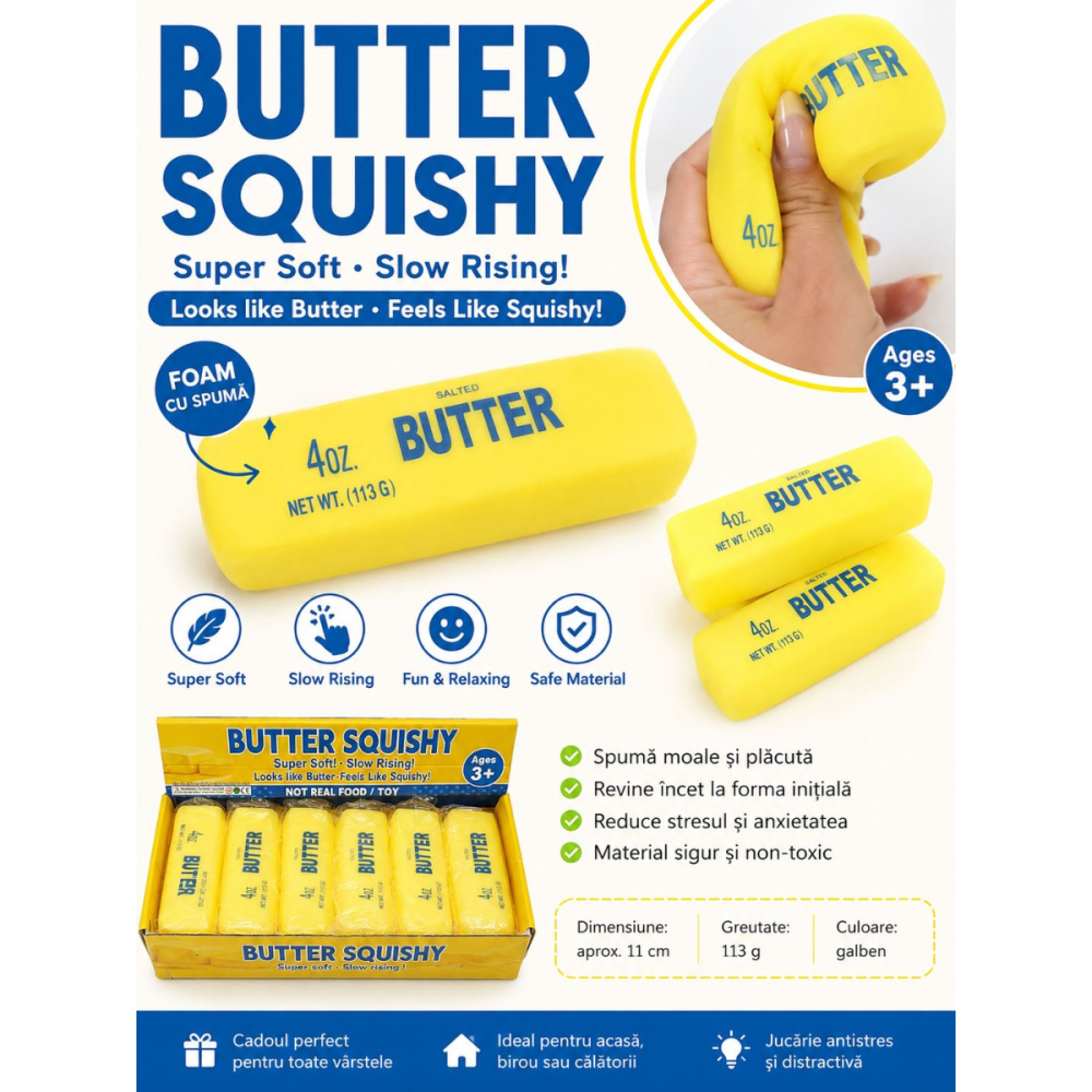 Jucarie Antistres Squishy Butter cu Spuma, Moale si Elastica, Model Unt, 13 cm [2]