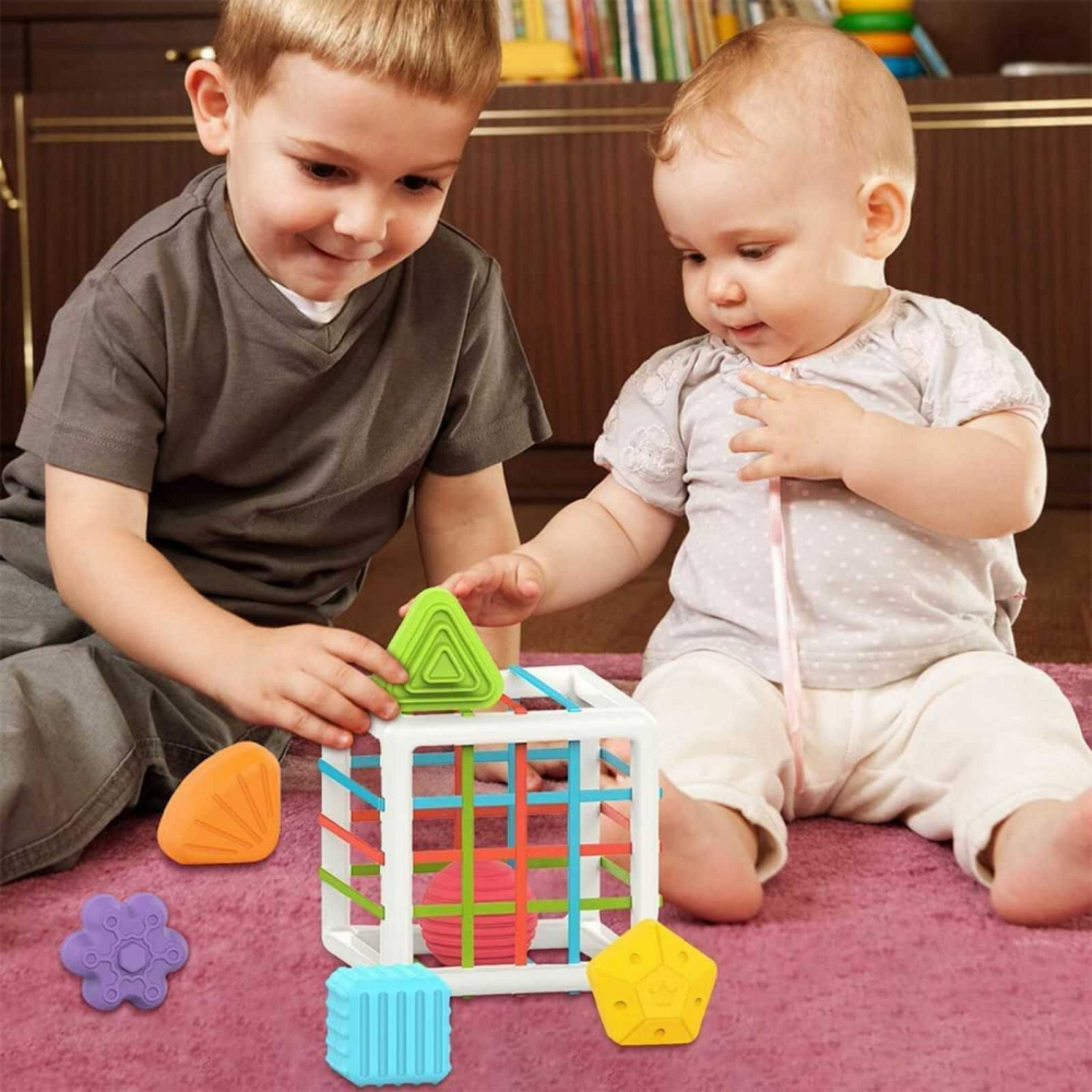 Cub Senzorial Montessori cu Forme si Benzi Elastice, 7 Piese, 12 luni+ [2]