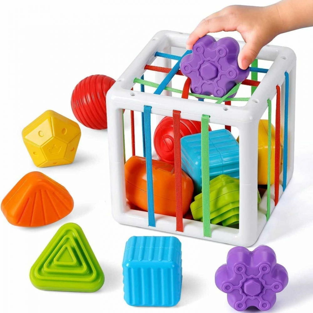 Cub Senzorial Montessori cu Forme si Benzi Elastice, 7 Piese, 12 luni+ [3]