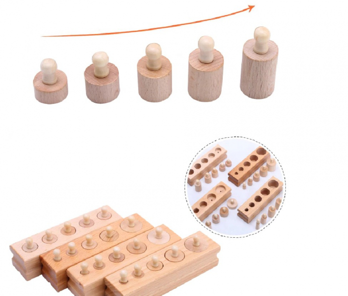Cilindri Montessori din Lemn Natur, Set 4 Cilindrii cu Buton pentru Motricitate [2]