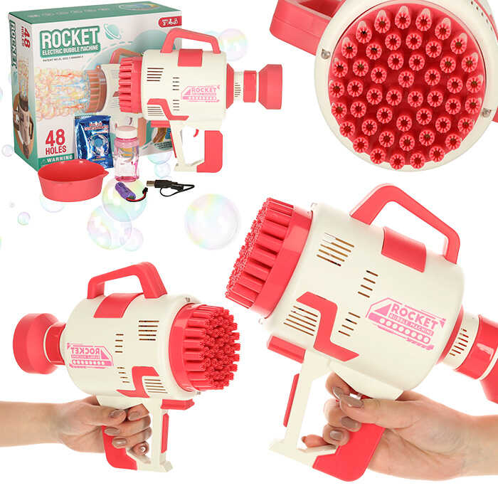 Pistol Baloane Sapun, Jucari, 48 orificii, cu lumini si baterie USB, rosu [1]