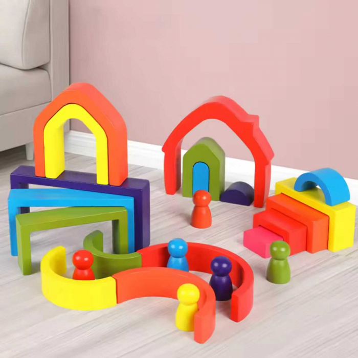 Jucarii de Stivuit, Montessori, Curcubeu - Semicercuri, Casute si Papusi [4]