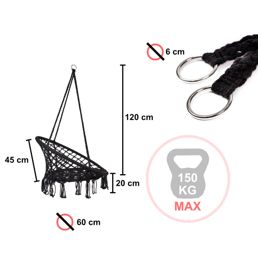 Leagan Suspendat Cuib de Barza cu Perne Moi, Scaun Hamac Interior/Exterior, Maxim 150kg, 80cm, Negru [5]
