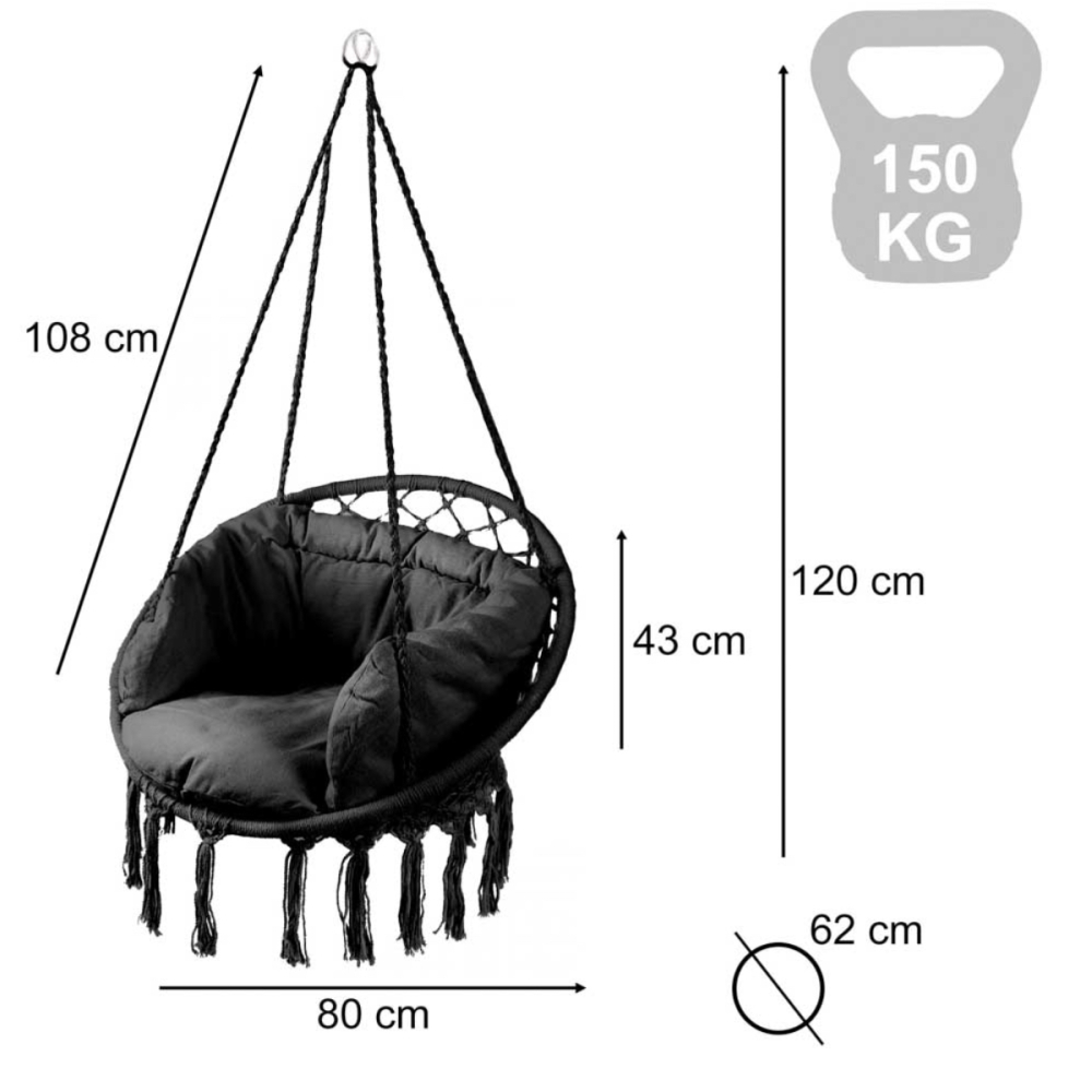 Leagan Suspendat Cuib de Barza cu Perne Moi, Scaun Hamac Interior/Exterior, Maxim 150kg, 80cm, Negru [4]