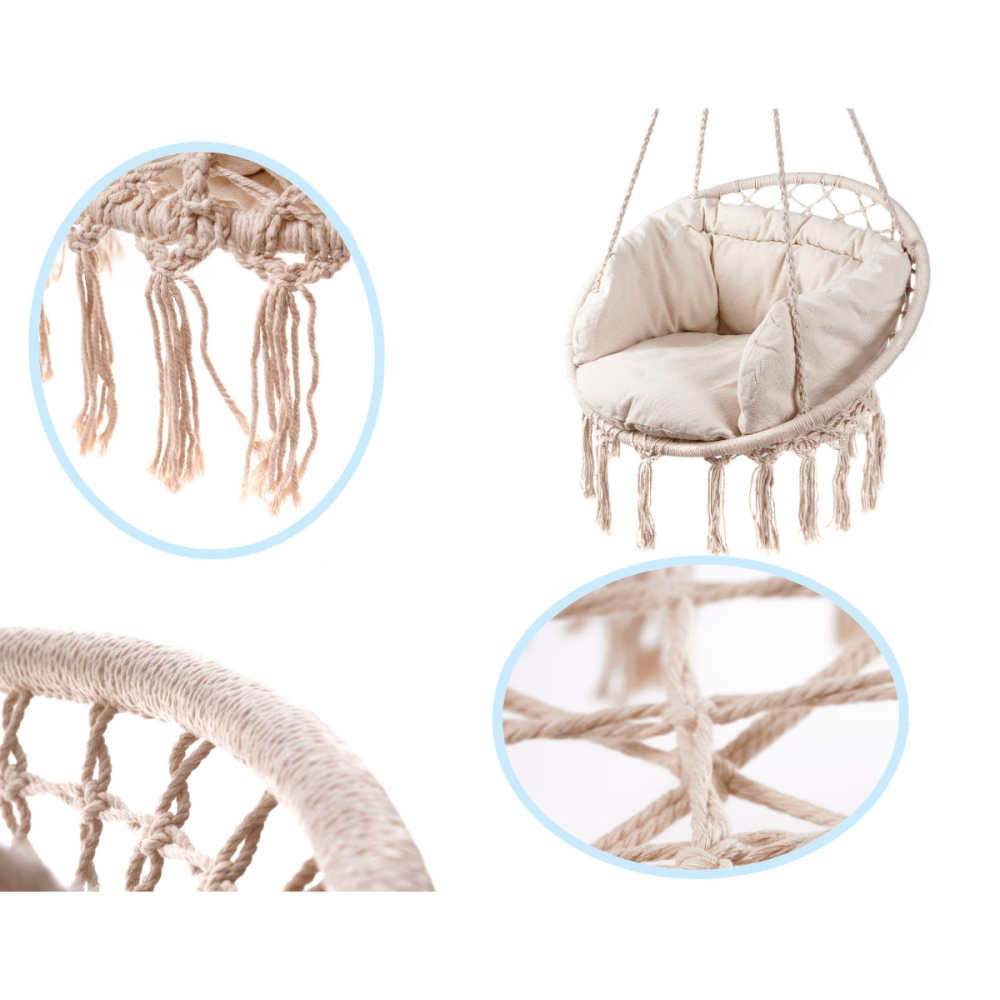 Leagan Suspendat, Hamac cu Perne Moi, Balansoar Interior/Exterior, Bumbac, Maxim 150kg, Ecru [6]