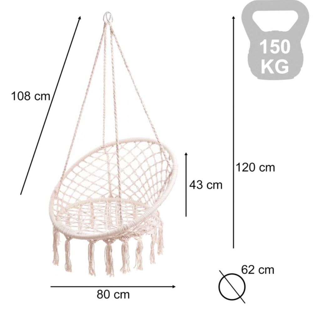 Leagan Suspendat Tip Cuib de Barza, Scaun Hamac Interior/Exterior, Bumbac, Maxim 150kg, 80cm [3]