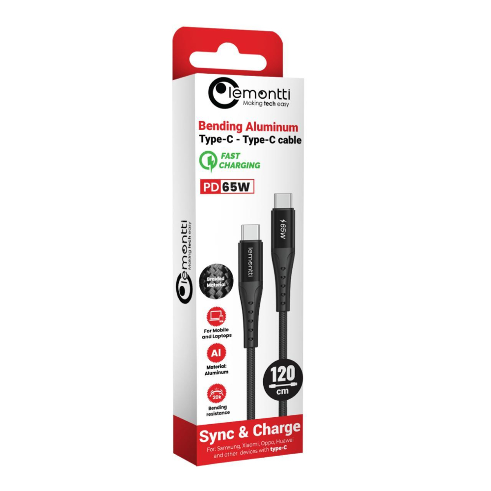 Lemontti Cablu Bending Aluminum Fast Charge Type-C la Type-C, PD 65W, 1.2m, Negru [1]