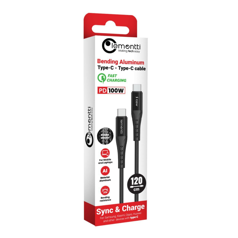 Lemontti Cablu Bending Aluminum Super Fast Charge Type-C la Type-C, PD 100W, 1.2m, Negru [2]
