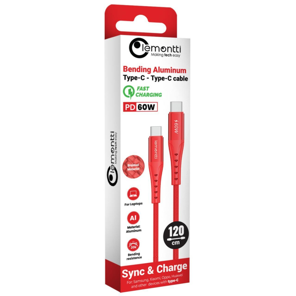 Lemontti Cablu Bending Aluminum Type-C la Type-C, Fast Charge, PD 60W, 1.2m, Rosu [1]