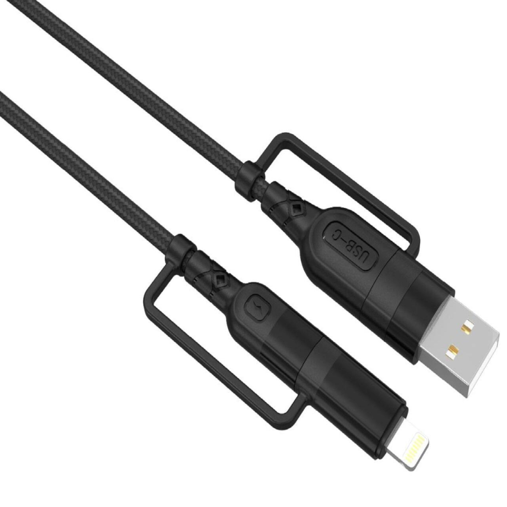Lemontti Cablu Multi connector 4 in 1, USB-A & Type-C la Type-C & Lightning, PD 60W, 1.2m, Negru [2]
