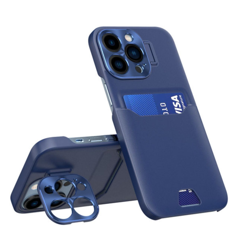 Lemontti Husa Leather Stand iPhone 14 Pro Albastru,cu suport pentru card [2]
