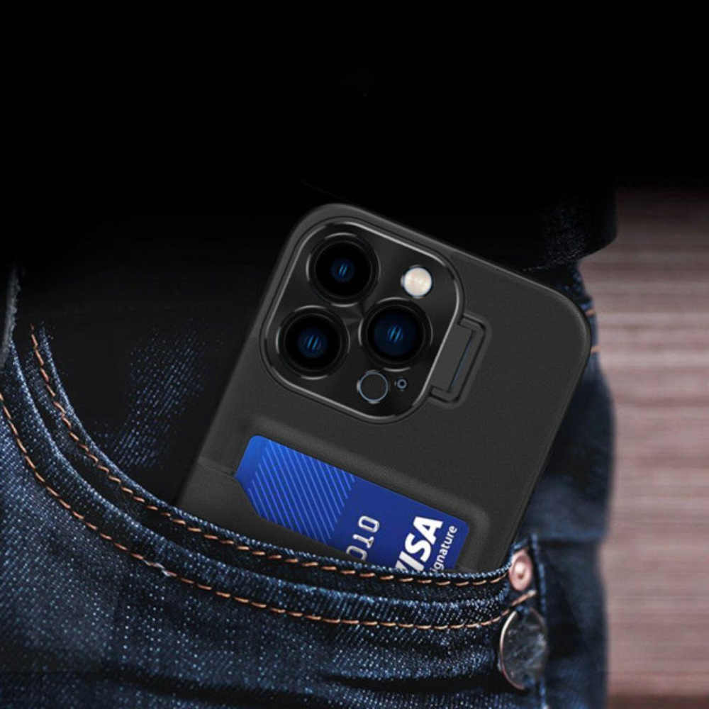 Lemontti Husa Leather Stand iPhone 14 Pro Negru, cu suport pentru card [5]