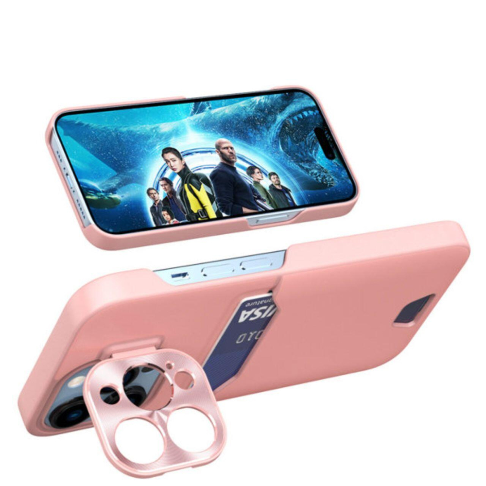 Lemontti Husa Leather Stand iPhone 14 Pro Roz, cu suport pentru card [5]
