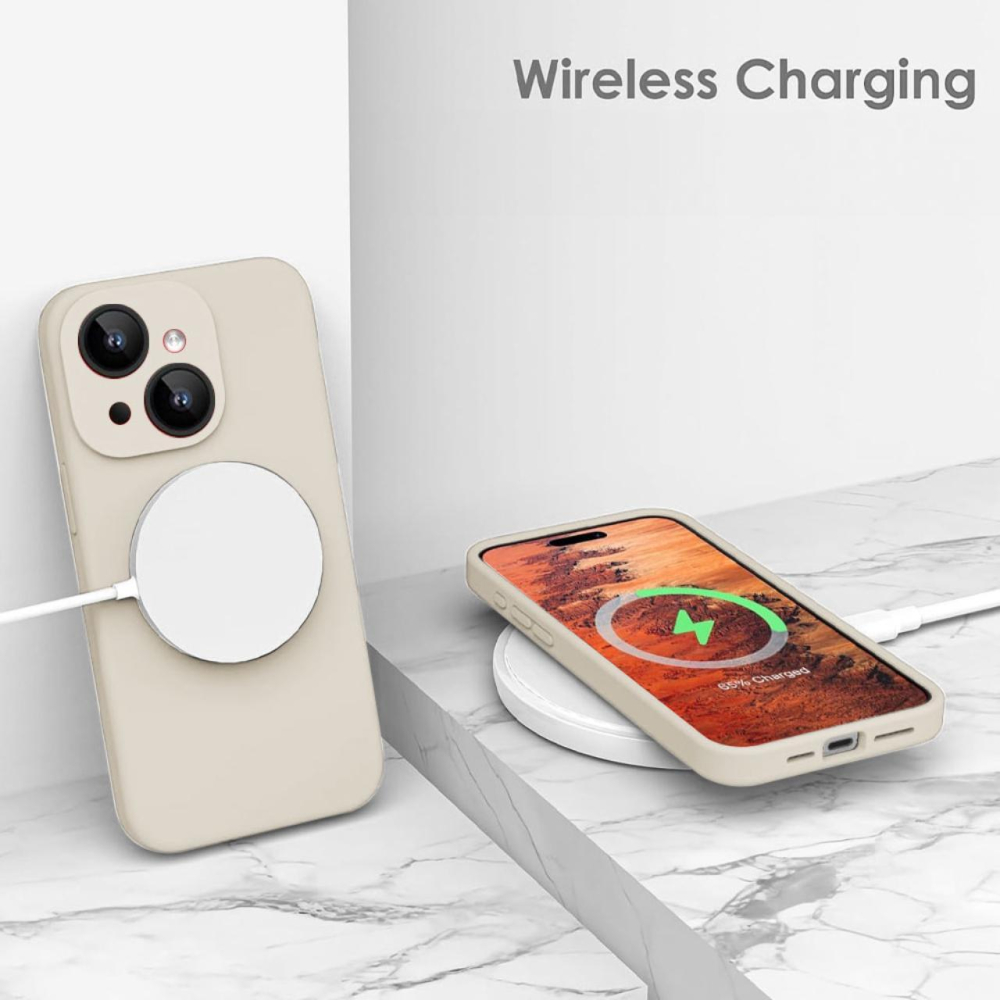 Lemontti Husa Liquid Silicon MagCharge iPhone 15 Bej (protectie 360°, material fin, captusit cu microfibra) [3]