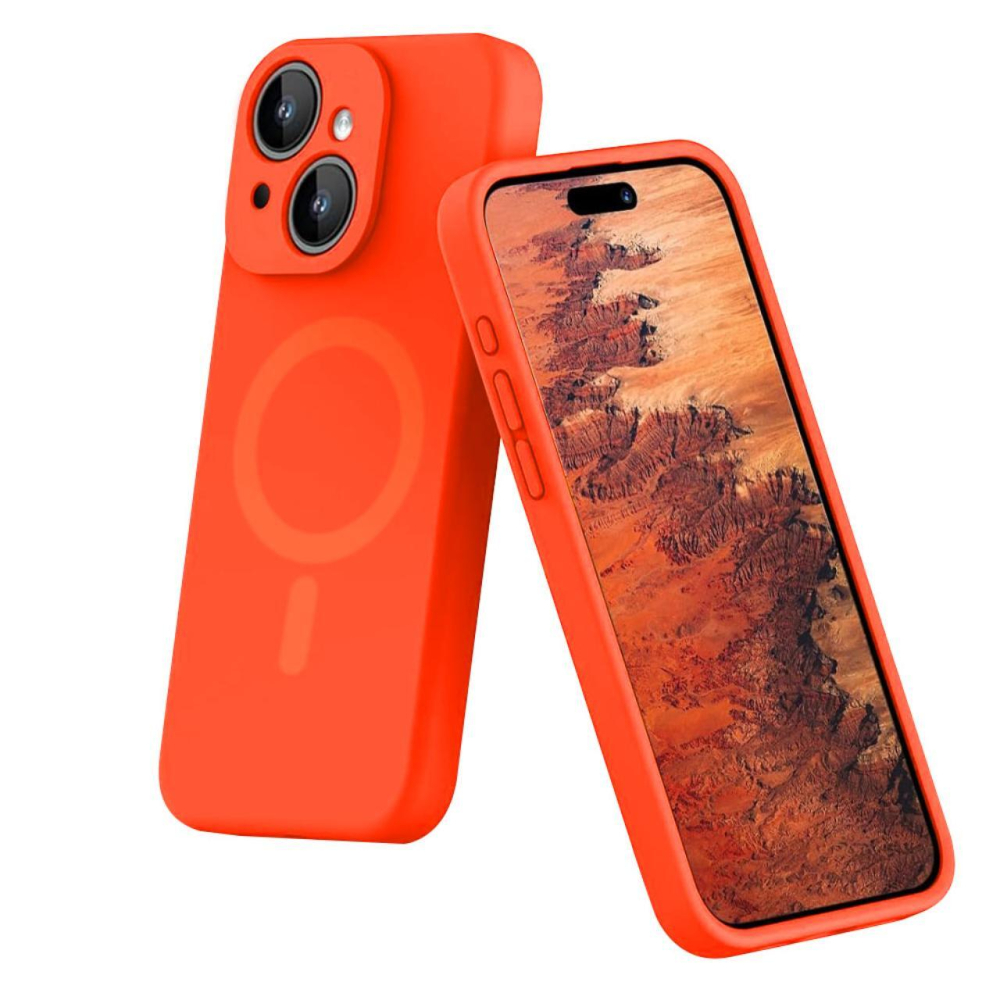 Lemontti Husa Liquid Silicon MagCharge iPhone 15 Portocaliu Neon (protectie 360°, material fin, captusit cu microfibra) [2]