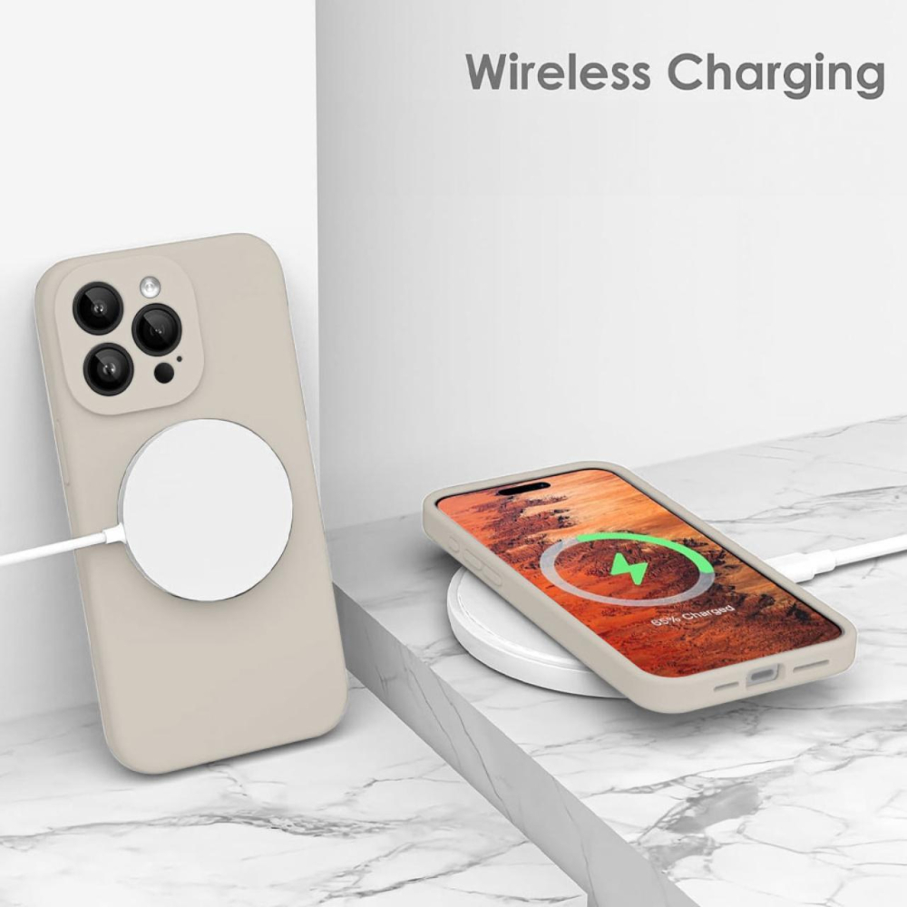 Lemontti Husa Liquid Silicon MagCharge iPhone 15 Pro Max Bej (protectie 360°, material fin, captusit cu microfibra) [3]