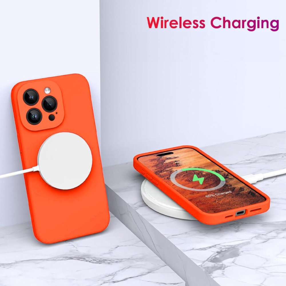 Lemontti Husa Liquid Silicon MagCharge iPhone 15 Pro Max Portocaliu Neon (protectie 360°, material fin, captusit cu microfibra) [3]