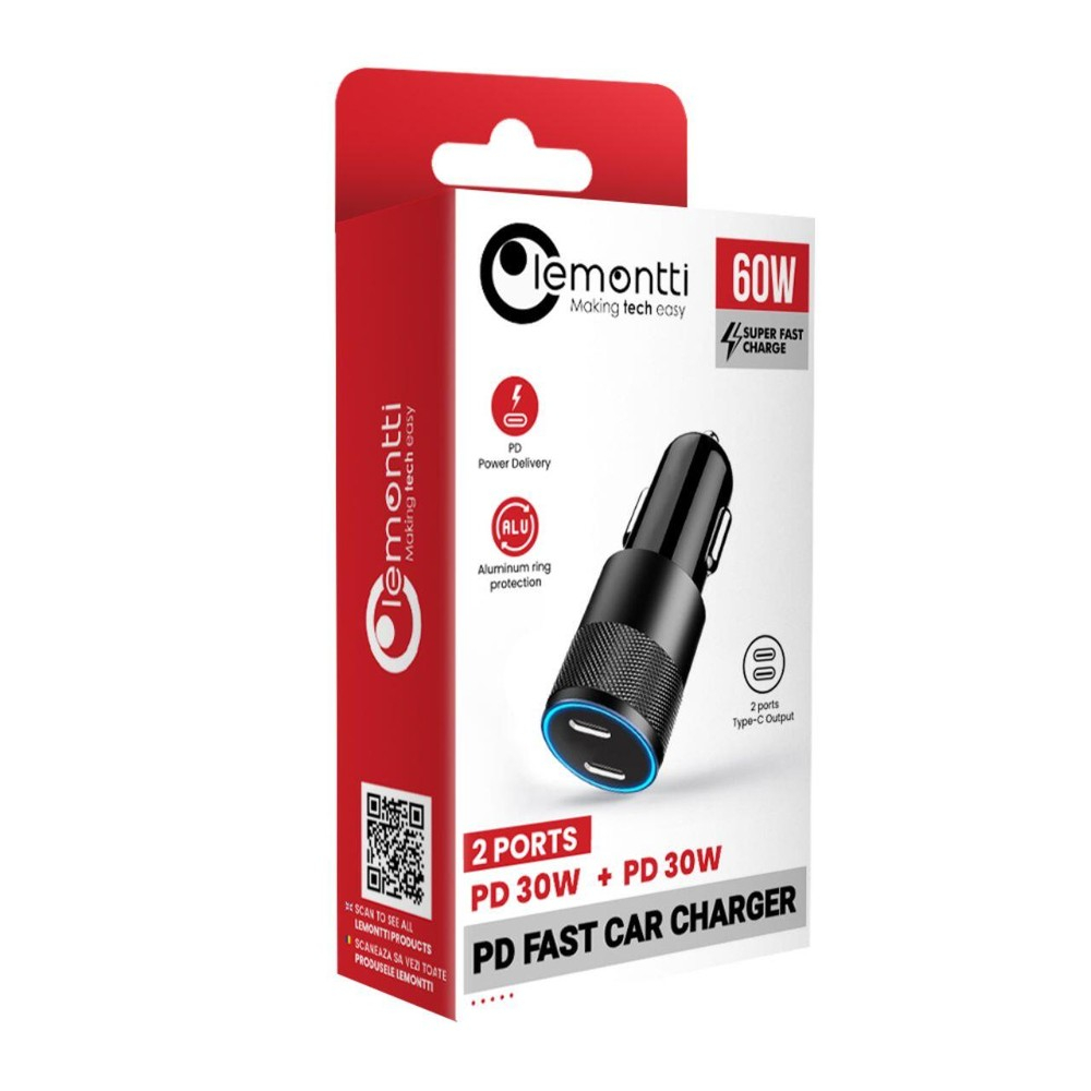 Lemontti Incarcator Auto Super Fast Charge 60W 2 porturi PD Type-C x 30W Negru [7]